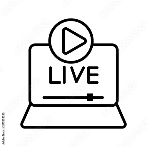 Minimalist outline icon of a laptop with a LIVE label, play button, and media slider, representing livestreaming, online broadcasting, digital content, and video communication.