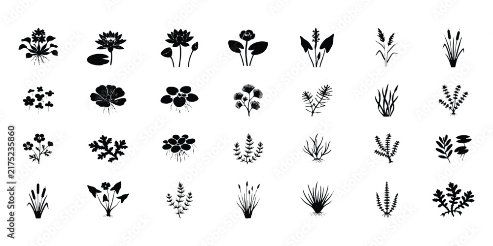 Fototapeta premium Set of black aquatic plant silhouettes and seaweed icons isolated on white background vector illustration.