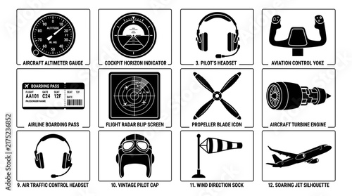 Foto Aircraft Instrument Icons Set with Altimeter, Radar, Headset, Yoke, Propeller, and Turbine Engine Illustrations
