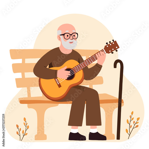 Elderly man playing guitar while sitting on a bench in a park. Elderly set  