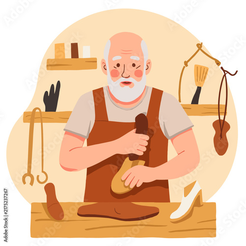 Elderly shoemaker crafting shoes in a workshop with tools. Elderly set  