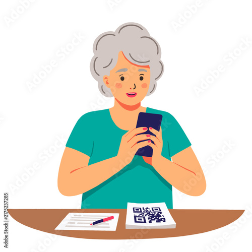 Senior woman using smartphone and reading documents at a table. Elderly set  