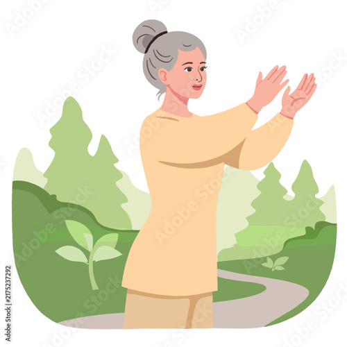 Older woman practicing Tai Chi in a serene forest setting. Elderly set  