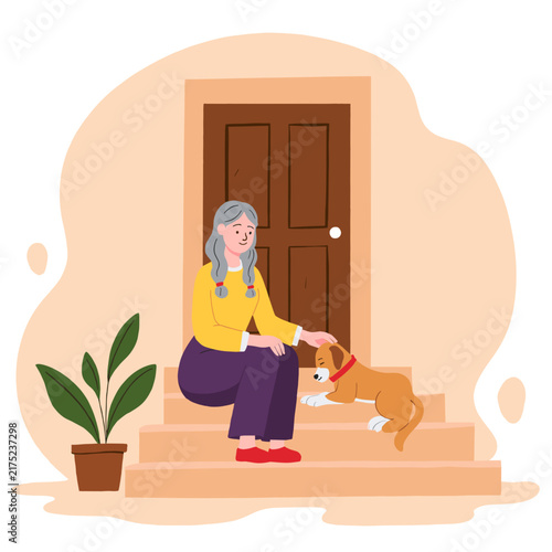Senior woman sitting on steps with dog near a door at home. Elderly set  