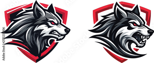 Cuadro en lienzo Aggressive wolf mascot esports vector logo on red shield