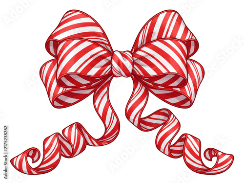 Red and white striped candy cane christmas bow isolated on a white background with christmas decoration traditional celebration