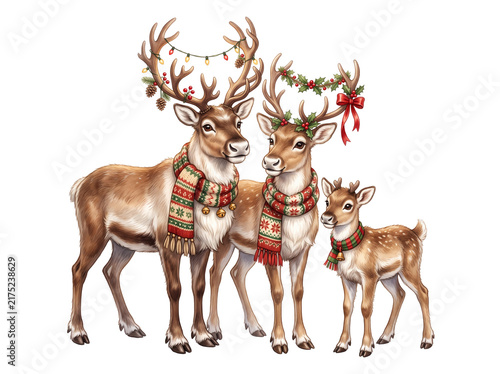 Watercolor illustration of a family of reindeer wearing festive scarves and holiday decorations with reindeer christmas watercolor