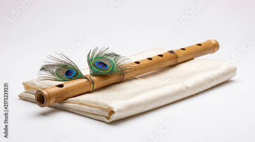 Traditional Bamboo Flute with Peacock Feathers for Janmashtami Festival