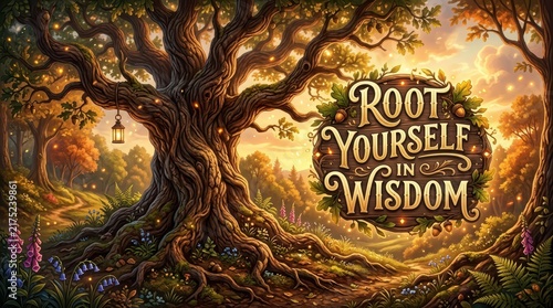 Enchanting ancient oak tree in a magical forest setting with a rustic wooden sign saying 'Root Yourself in Wisdom', fantasy, glowing lights