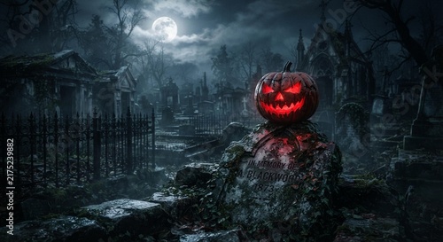 Spooky halloween night in a dark cemetery with glowing pumpkin