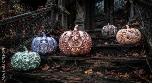 Ornate metallic carved pumpkins for Halloween on spooky stairs