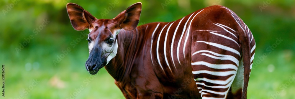 Obraz premium Close up picture of an okapi standing in the forest in Africa with green vegetation background