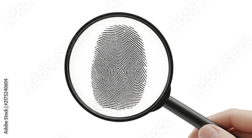 Magnifying glass examining a human fingerprint for security and forensic identification.