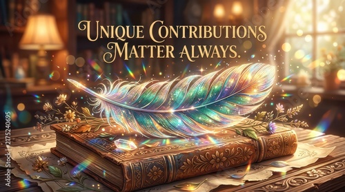 Enchanting antique book with a shimmering feather and scattered crystals, symbolizing unique contributions and timeless wisdom, in a cozy library sett