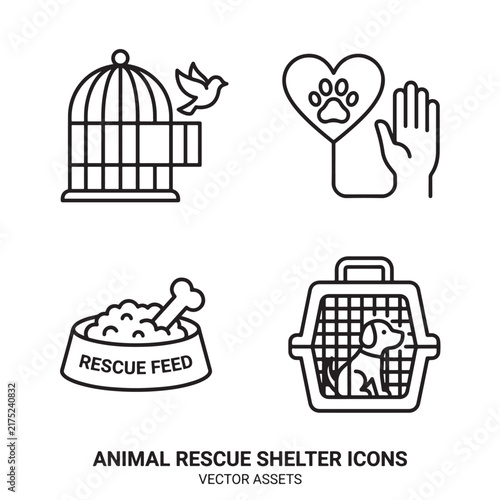 Animal Rescue Shelter Line Art Icons Set with Birdcage, Paw Print, Pet Carrier and and Food Bowl vector icon