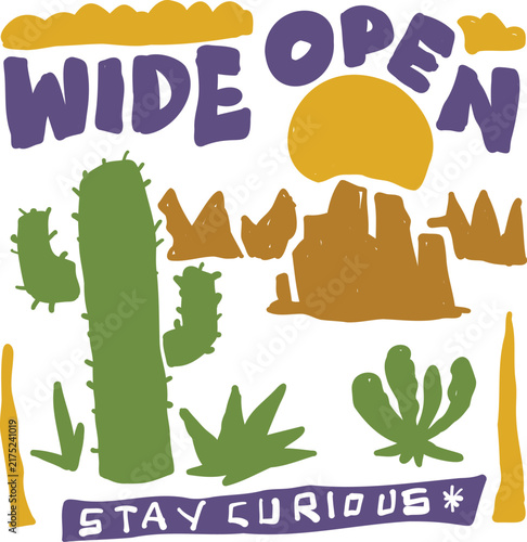 Desert Landscape with Cactus and Sun Hand-Drawn Illustration