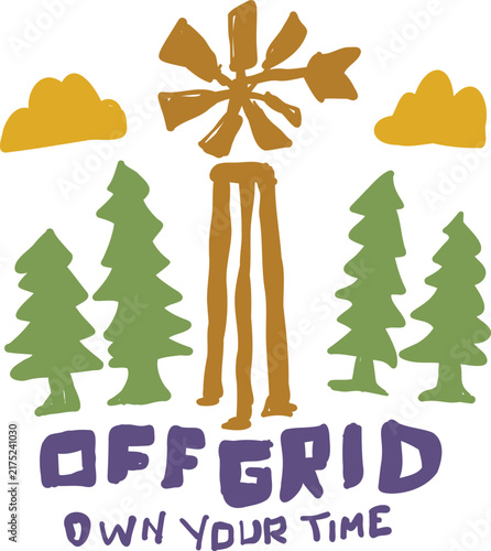 Windmill and Pine Trees in Rustic Hand-Drawn Illustration