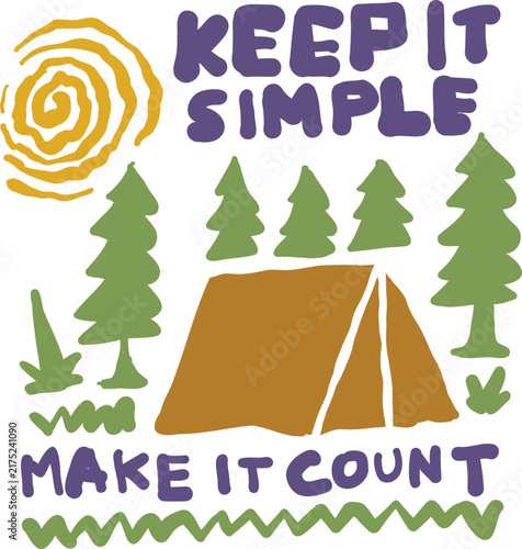 Camping Scene with Tent and Trees Hand-Drawn Illustration