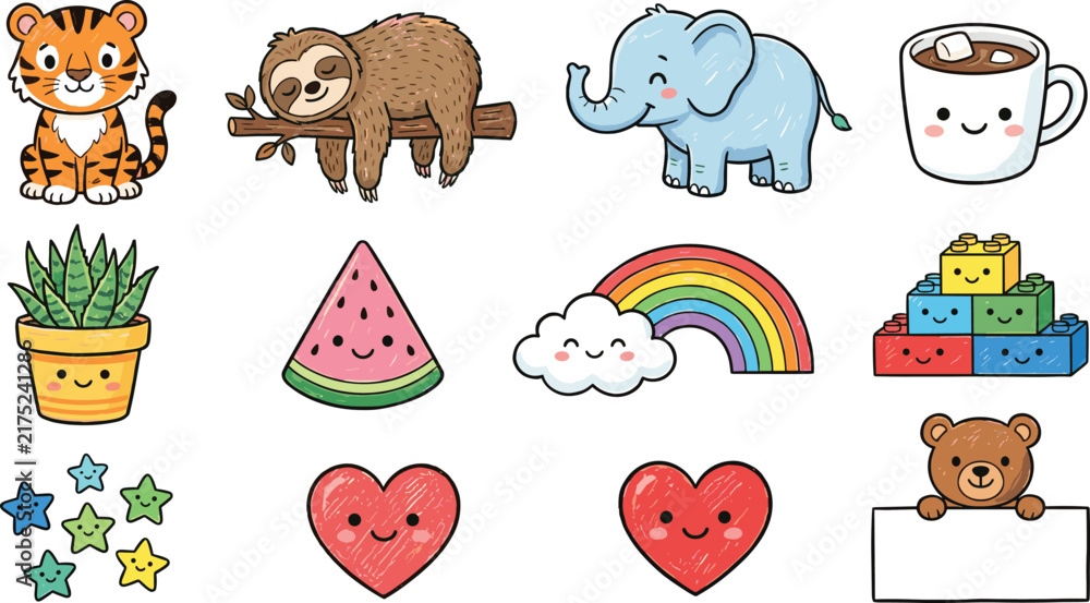 Obraz premium Cute Doodle Animals and Lifestyle Elements Vector Icon Set Featuring Tiger Sloth Elephant Watermelon Rainbow Toy Blocks Hearts and Kawaii Bear Signboard Illustration