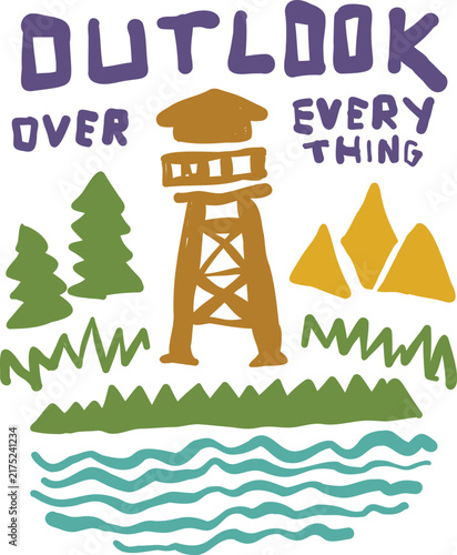 Lookout Tower in Nature Landscape Hand-Drawn Illustration