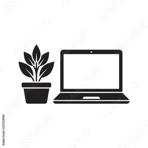Potted Plant Laptop Black Silhouette Icon Isolated on White Background Symbolizing Eco-Friendly Technology