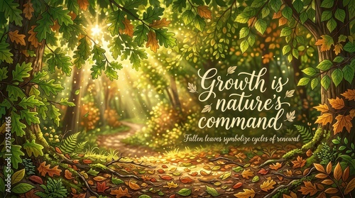 Enchanting Autumn Forest Path with Sunbeams and Inspirational Quote About Growth and Renewal