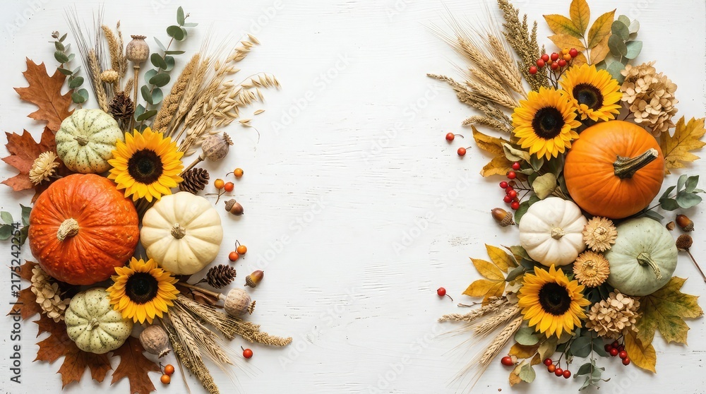 Fototapeta premium Celebrating canadian thanksgiving with abundant harvests a beautiful display of pumpkins sunflowers and autumnal foliage for a festive and grateful occasion symbolizing the