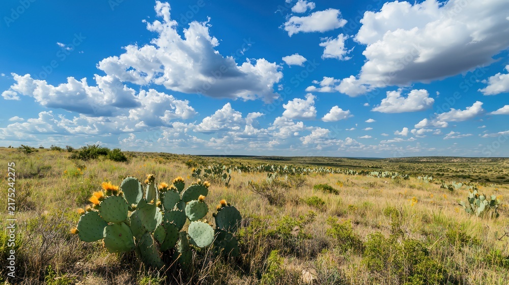 Obraz premium A sprawling Texas landscape with wideopen plains, blue skies, and scattered cacti.