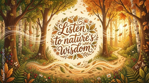Enchanting autumn forest scene with 'Listen to Nature's Wisdom' text, falling leaves, and a winding path, evoking peace and natural beauty.