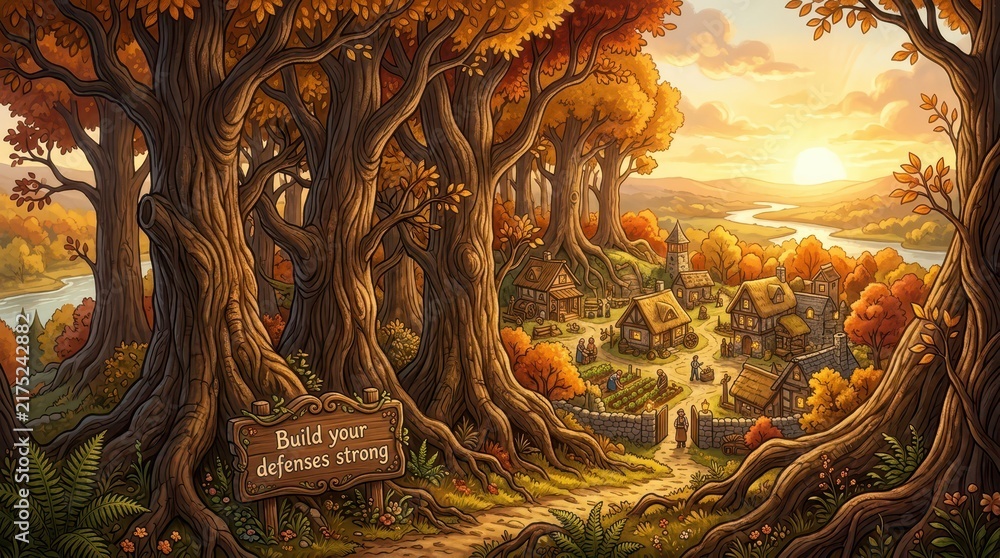 Obraz premium Enchanting autumn forest village nestled amongst giant ancient trees with a river and hills in the background during golden hour sunset