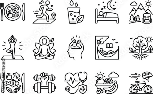 Healthy lifestyle wellness icons set diet running water sleep hiking yoga meditation mental health line art vector.