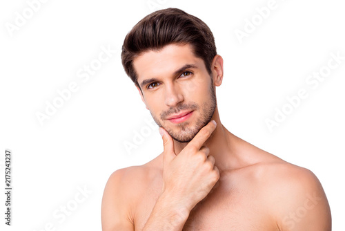 Фотография Closeup photo of macho guy perfect neat hairstyle looking mirror touch beard not