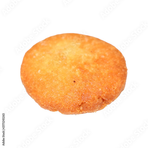 Golden baked biscuit isolated on white with subtle texture and warm lighting