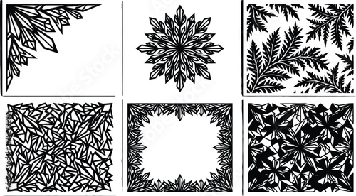Set of black silhouette vector frames and floral patterns featuring intricate frost designs