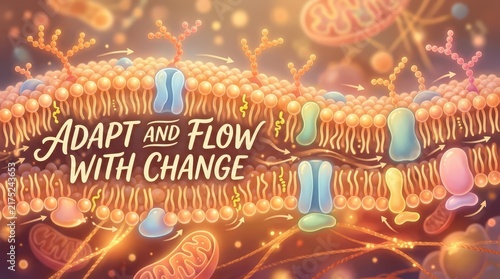 Cell membrane with proteins and mitochondria, visualizing cellular processes and adaptation to change
