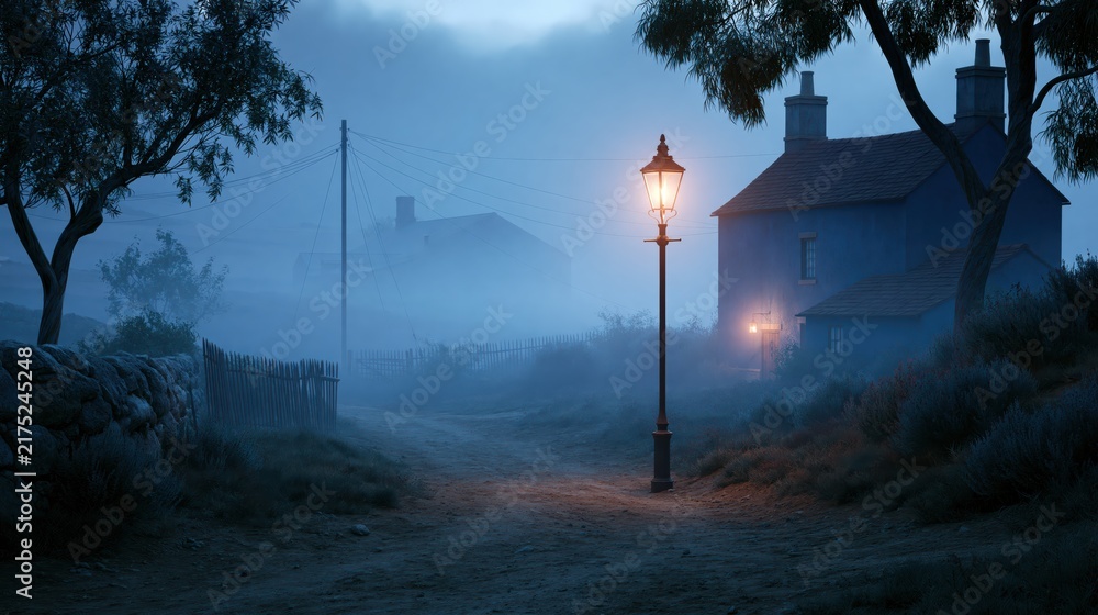 Obraz premium Vintage gas lamp illuminates a foggy rural village path during twilight with stone cottages in the background