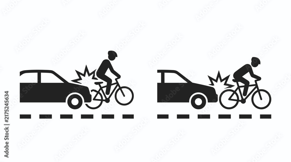 Fototapeta premium Black and white vector illustration of car and bicycle collision icons representing traffic safety awareness and road accident prevention concepts
