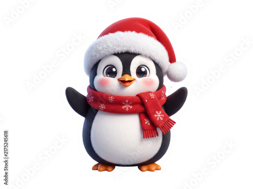 Cute little baby penguin wearing a red santa hat and matching winter scarf isolated on white background with christmas