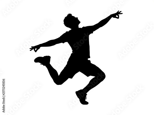 Title: Silhouette of man jumping with joy and success gesture on white background