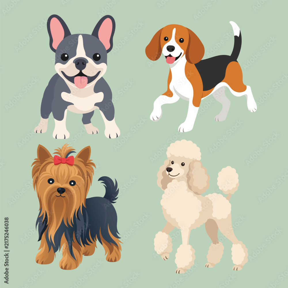 Obraz premium Four canine breeds are depicted in a colorful vector illustration against a pale green backdrop