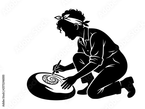 Silhouette of woman artist drawing intricate patterns on stone vector illustration