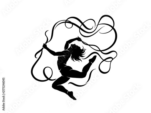 Silhouette of rhythmic gymnast performing with ribbon vector illustration