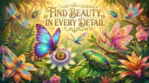 Enchanting digital art illustration of vibrant insects and flowers with inspirational text 