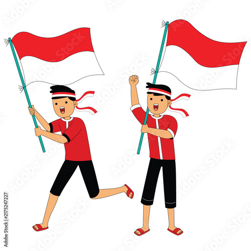 Two Boys Holding Indonesian Flag Celebration Illustration