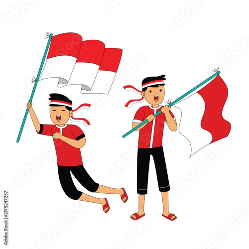 Two Boys Holding Indonesian Flag Celebration Illustration