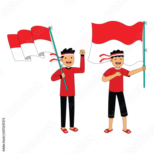 Two Boys Holding Indonesian Flag Celebration Illustration