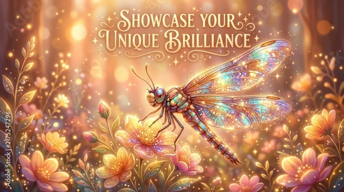 Enchanting Dragonfly with Crystal Wings Perched on Magical Flowers Under Golden Bokeh Lights, Inspiring Message