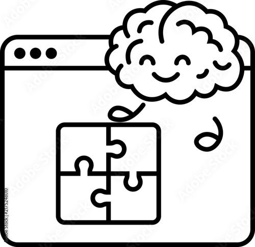 cute brain solving jigsaw puzzle on screen illustration vector outline