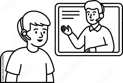 student attending online video class illustration vector outline