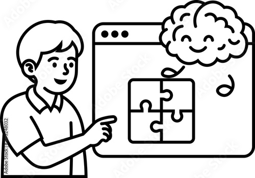 boy pointing at brain solving puzzle screen illustration vector outline